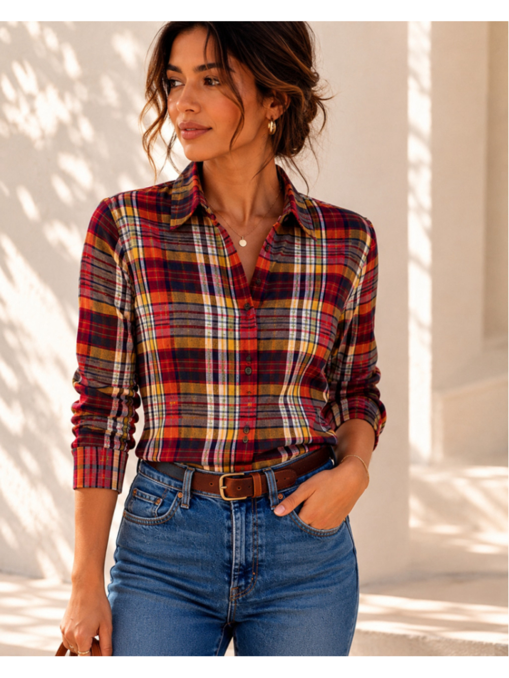 THE GREAT The Cottage Plaid Button Down Shirt XS Cotton Flax Red Yellow Fall Top